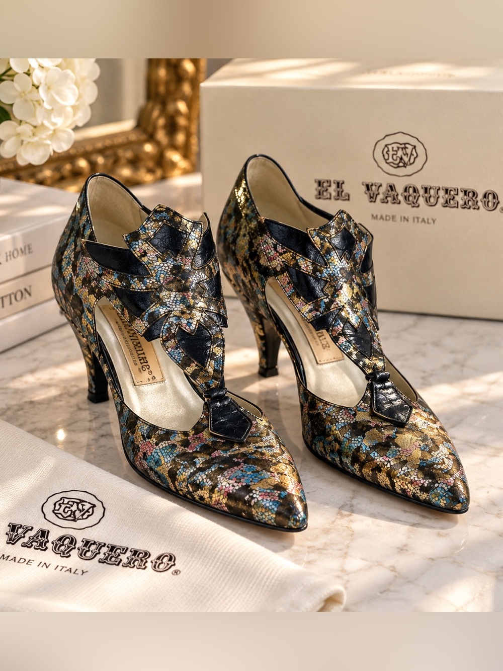El Vaquero Heels Size 36 US 6 Floral Metallic Leather T Strap Italy